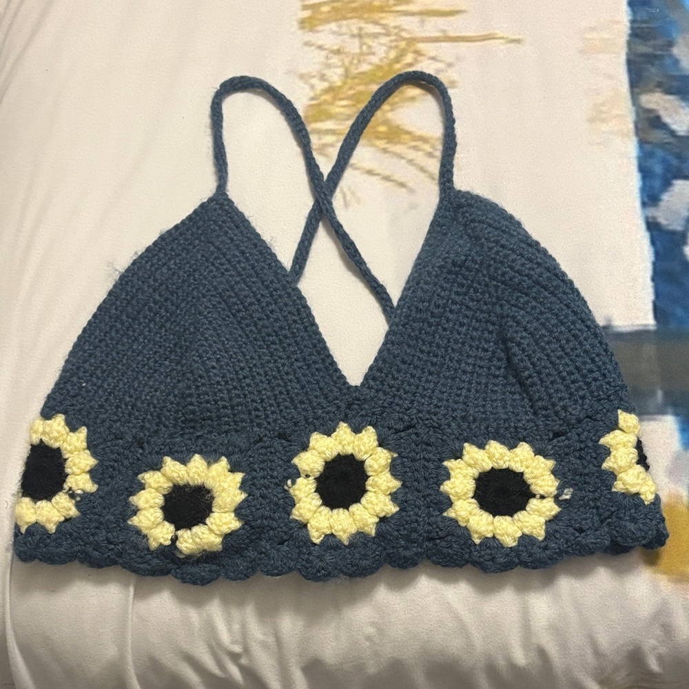 Handmade Crochet‎ Sunflower Top - Blue and Yellow